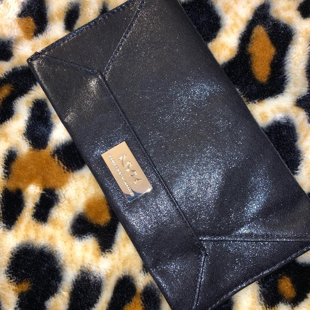 NYX black glimmery fabric envelope clutch